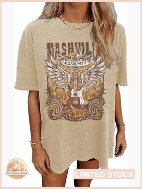 Oversized Vintage Graphic Tee Retro Rock Band Music City Nashville Style